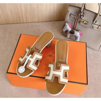 Hermes Classic Oasis Heel Slides Sandal 5cm in Calfskin and Denim Brown/White 2024 1008 (MD-241008137)