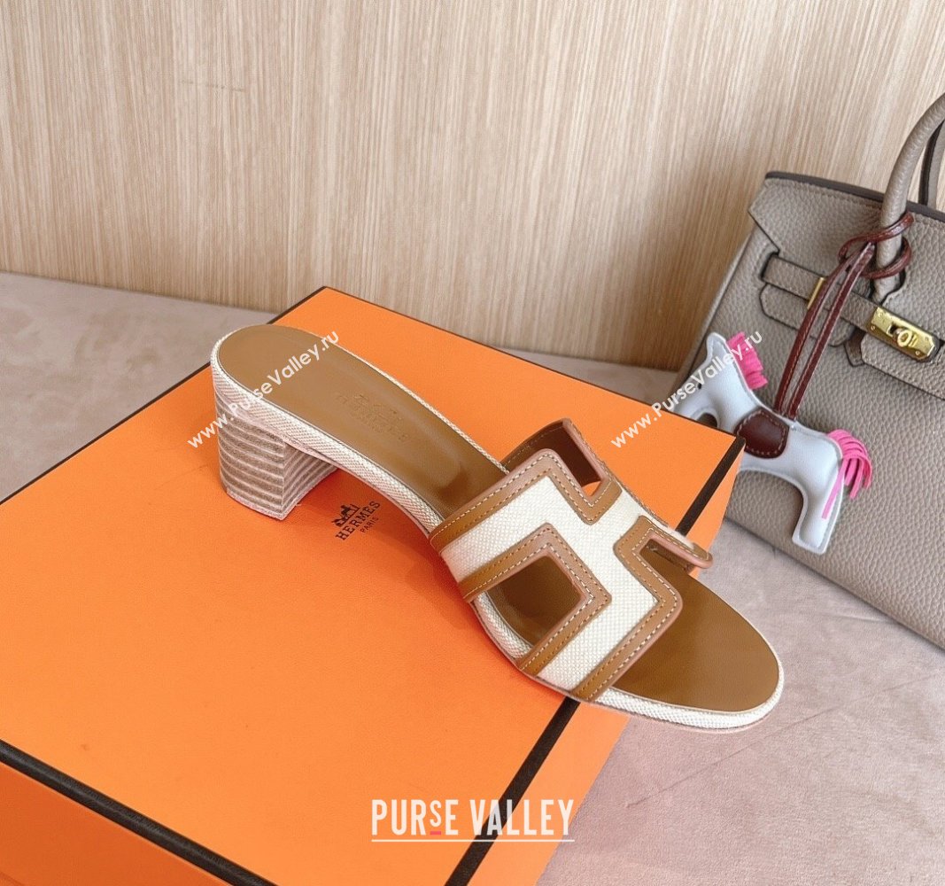 Hermes Classic Oasis Heel Slides Sandal 5cm in Calfskin and Denim Brown/White 2024 1008 (MD-241008137)