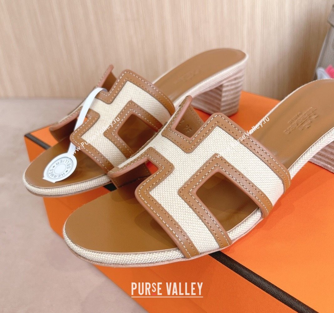 Hermes Classic Oasis Heel Slides Sandal 5cm in Calfskin and Denim Brown/White 2024 1008 (MD-241008137)