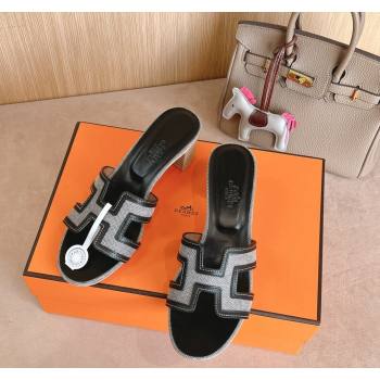 Hermes Classic Oasis Heel Slides Sandal 5cm in Calfskin and Denim Black/Grey 2024 1008 (MD-241008138)