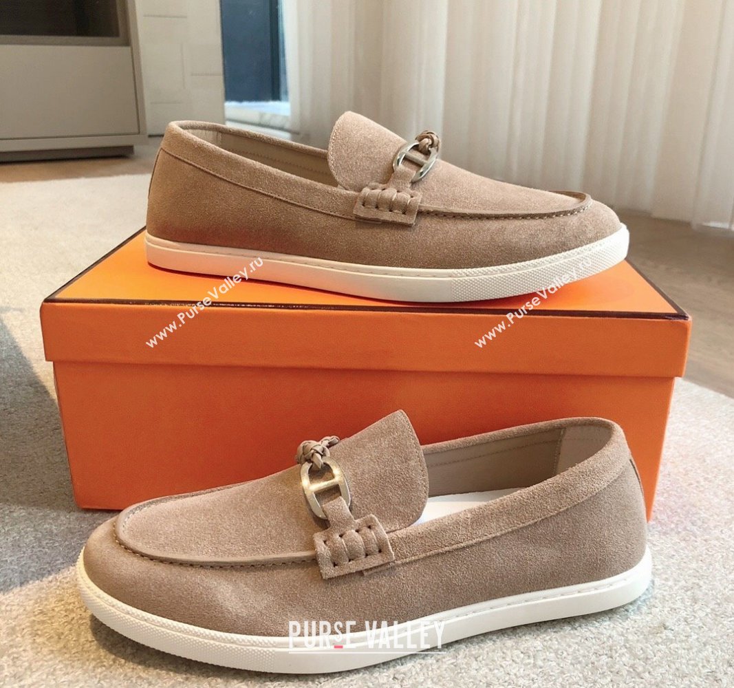 Hermes Ignacio Loafers Flat with Chaine dAncre Buckle in Suede Dark Beige 2024 (XC-241008065)