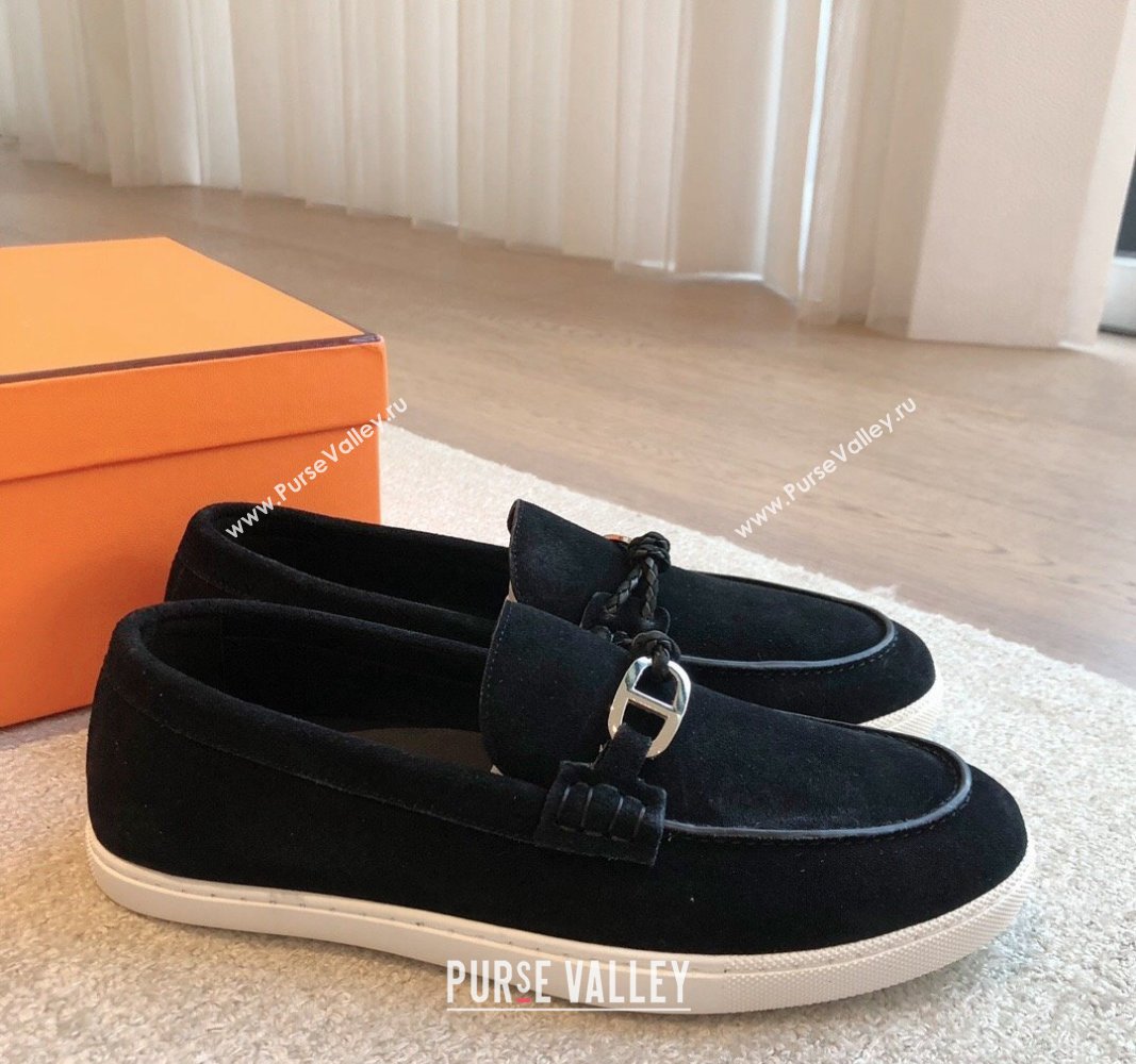 Hermes Ignacio Loafers Flat with Chaine dAncre Buckle in Suede Black 2024 (XC-241008066)