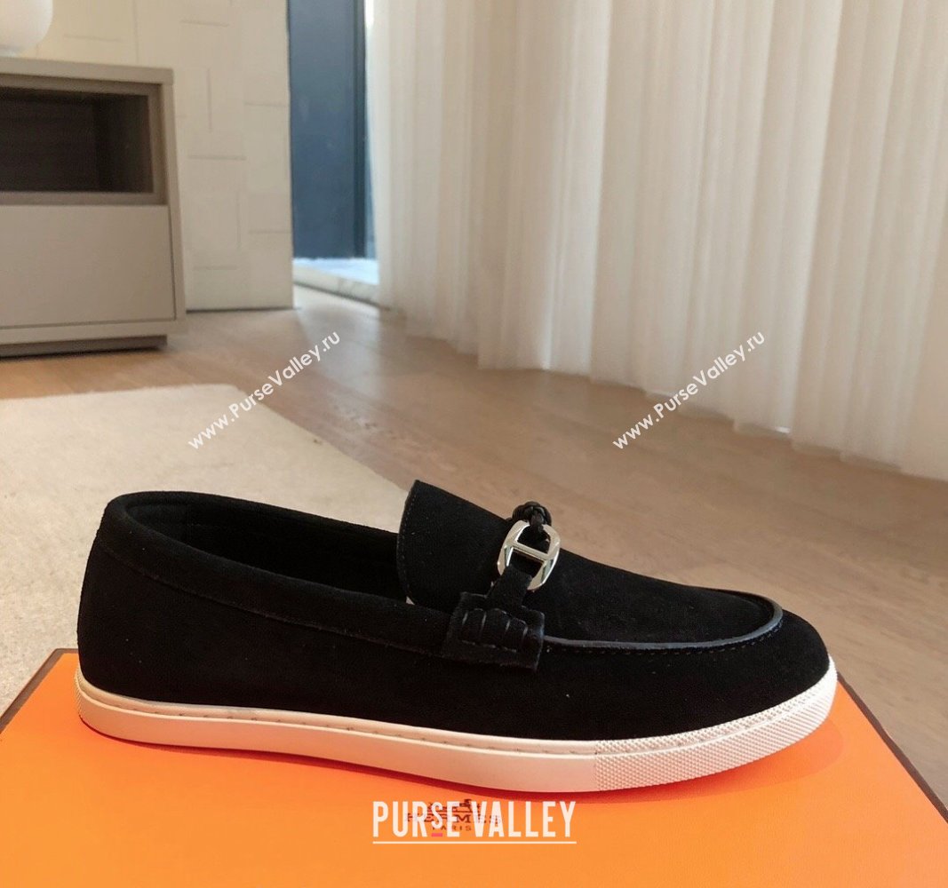 Hermes Ignacio Loafers Flat with Chaine dAncre Buckle in Suede Black 2024 (XC-241008066)