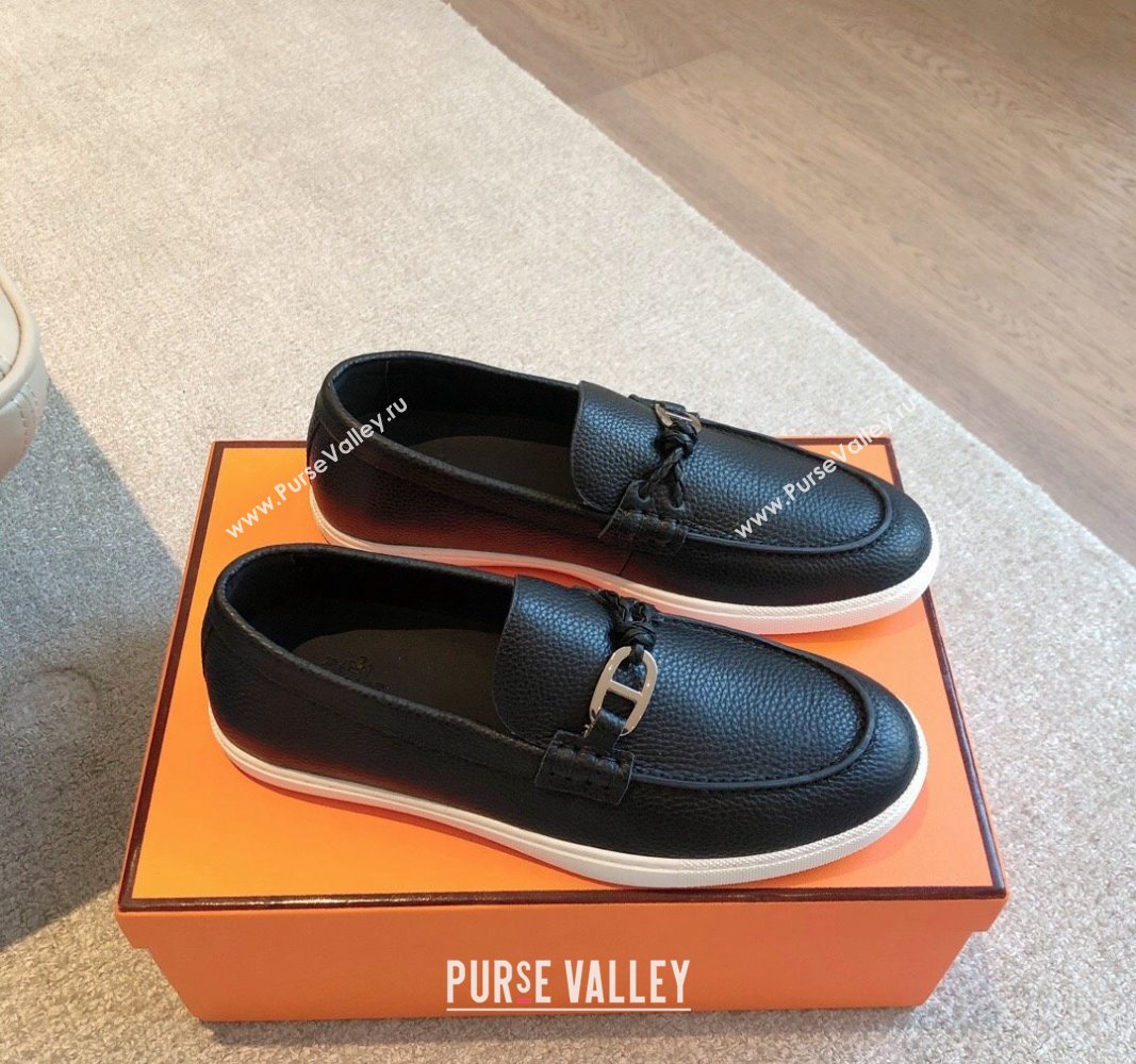 Hermes Ignacio Loafers Flat with Chaine dAncre Buckle in Grained Calfskin Black 2024 (XC-241008059)