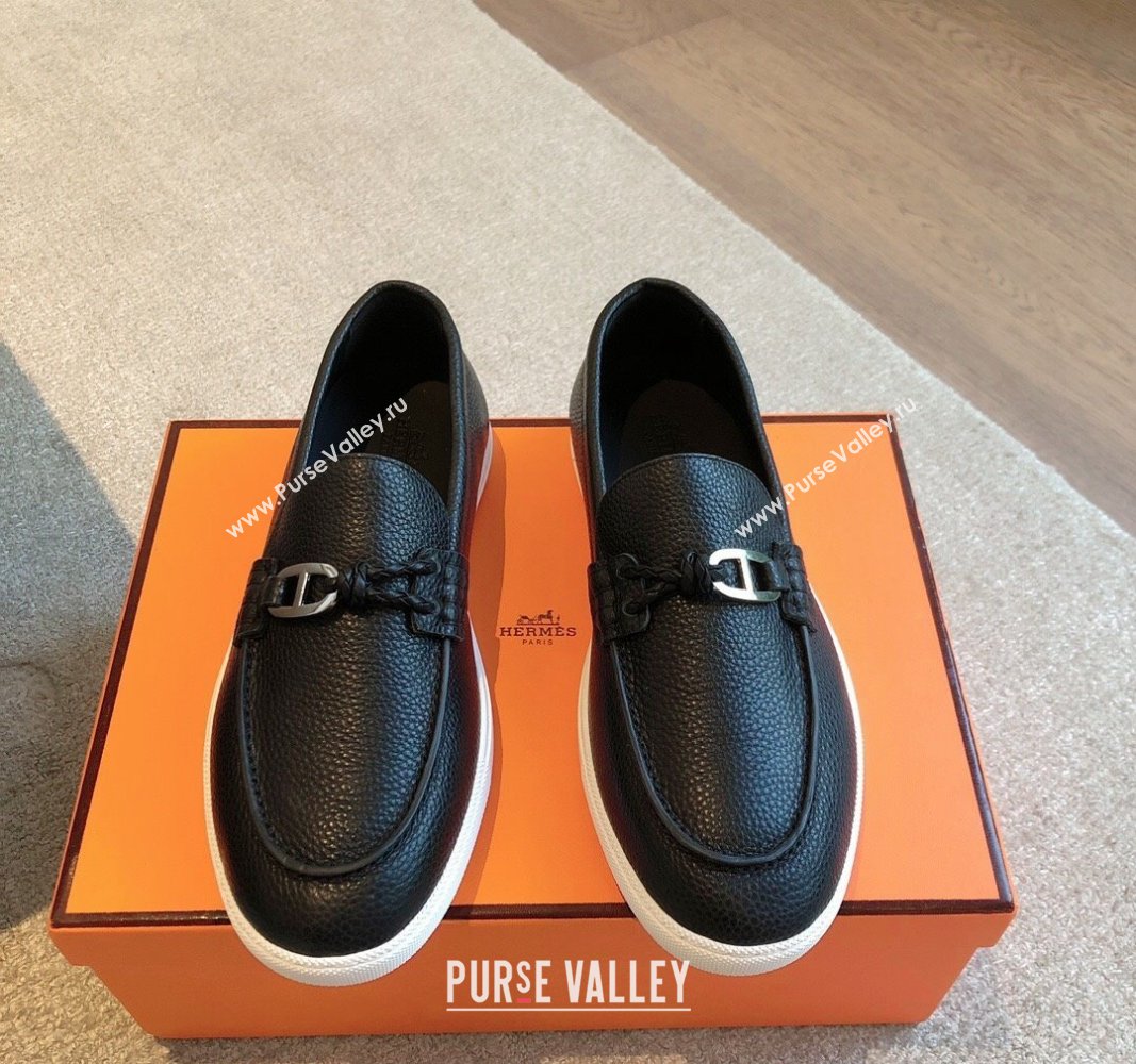 Hermes Ignacio Loafers Flat with Chaine dAncre Buckle in Grained Calfskin Black 2024 (XC-241008059)