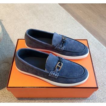 Hermes Ignacio Loafers Flat with Chaine dAncre Buckle in Suede Dark Blue 2024 (XC-241008060)