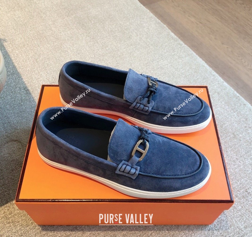 Hermes Ignacio Loafers Flat with Chaine dAncre Buckle in Suede Dark Blue 2024 (XC-241008060)