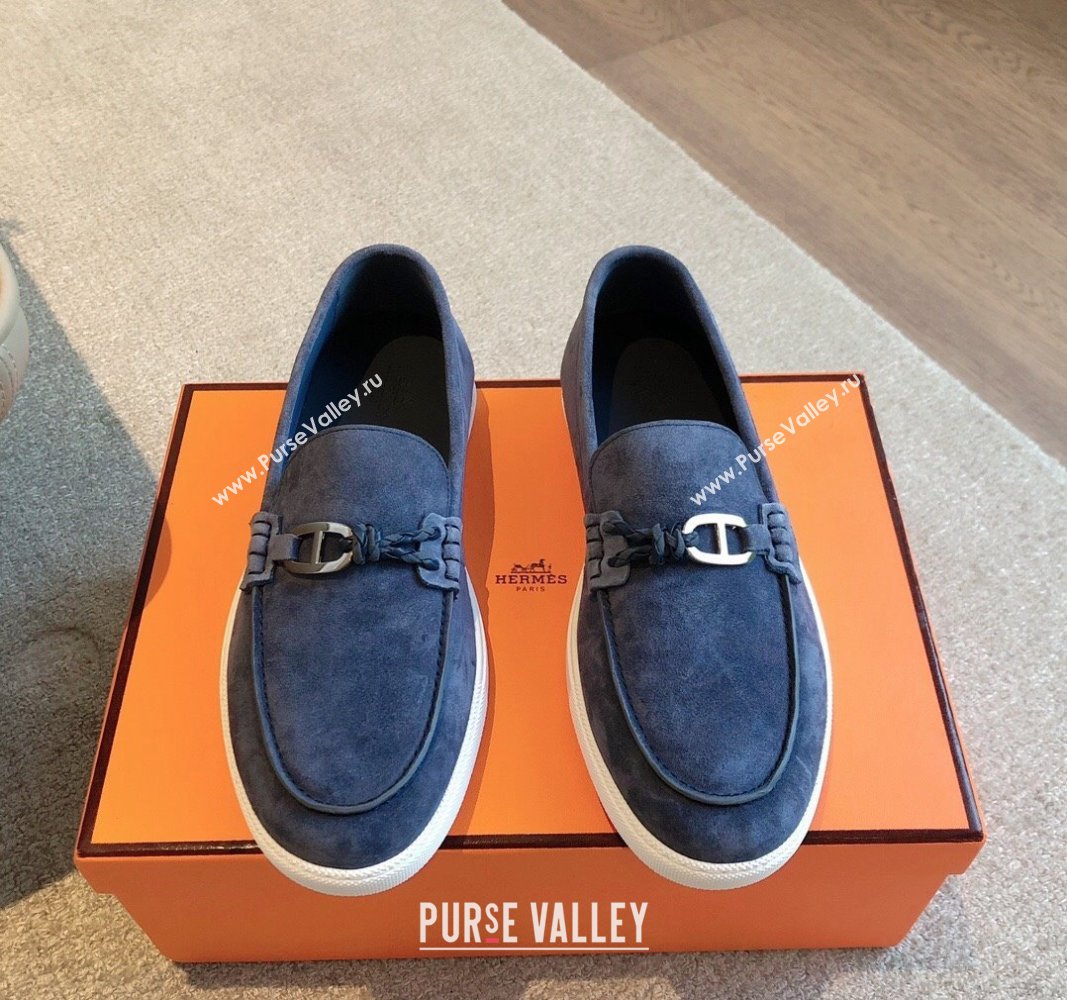 Hermes Ignacio Loafers Flat with Chaine dAncre Buckle in Suede Dark Blue 2024 (XC-241008060)