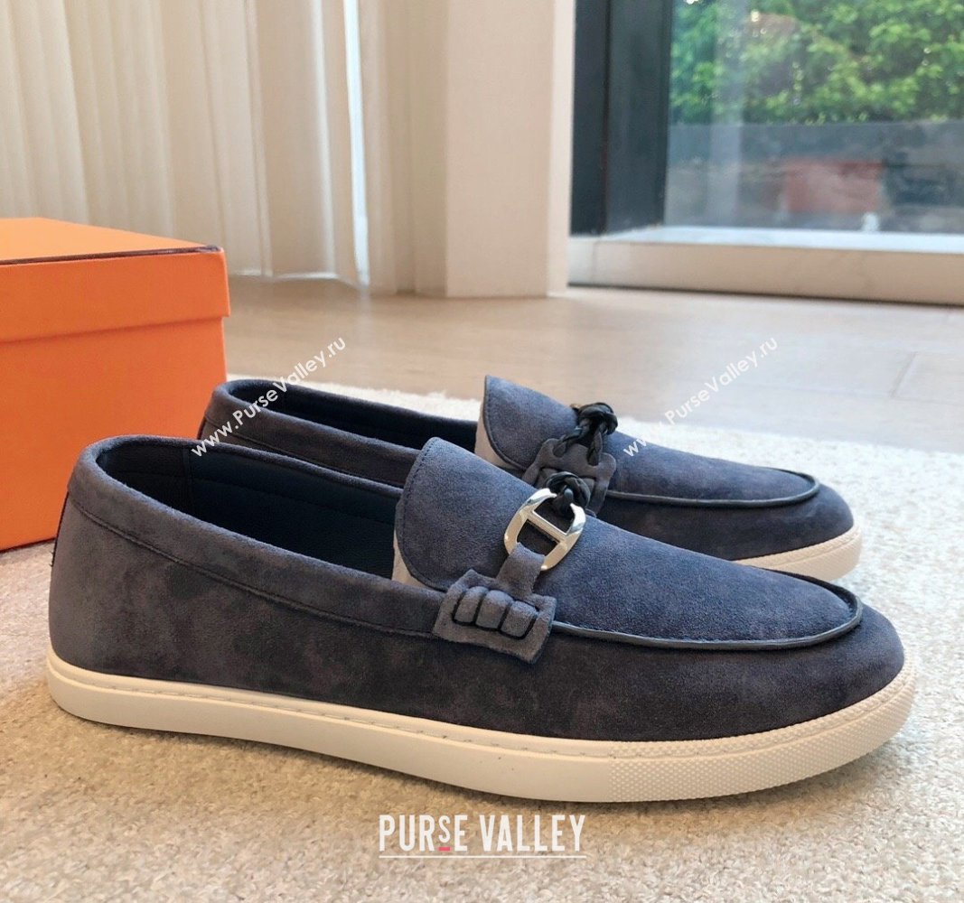 Hermes Ignacio Loafers Flat with Chaine dAncre Buckle in Suede Dark Blue 2024 (XC-241008060)