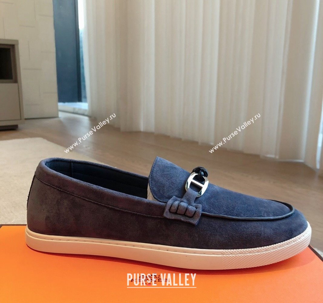 Hermes Ignacio Loafers Flat with Chaine dAncre Buckle in Suede Dark Blue 2024 (XC-241008060)