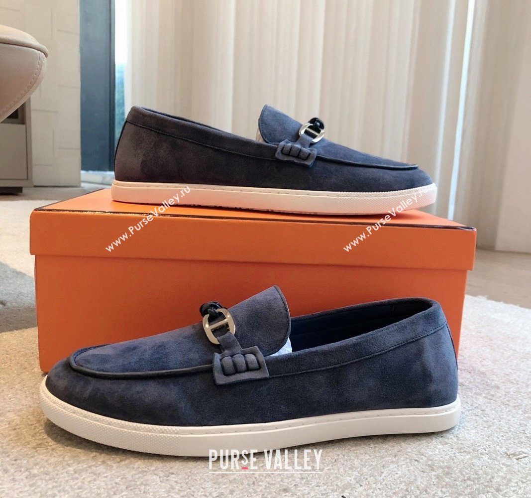 Hermes Ignacio Loafers Flat with Chaine dAncre Buckle in Suede Dark Blue 2024 (XC-241008060)