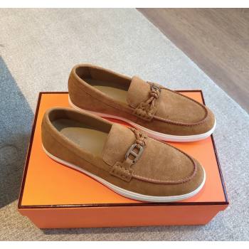 Hermes Ignacio Loafers Flat with Chaine dAncre Buckle in Suede Brown2 2024 (XC-241008061)