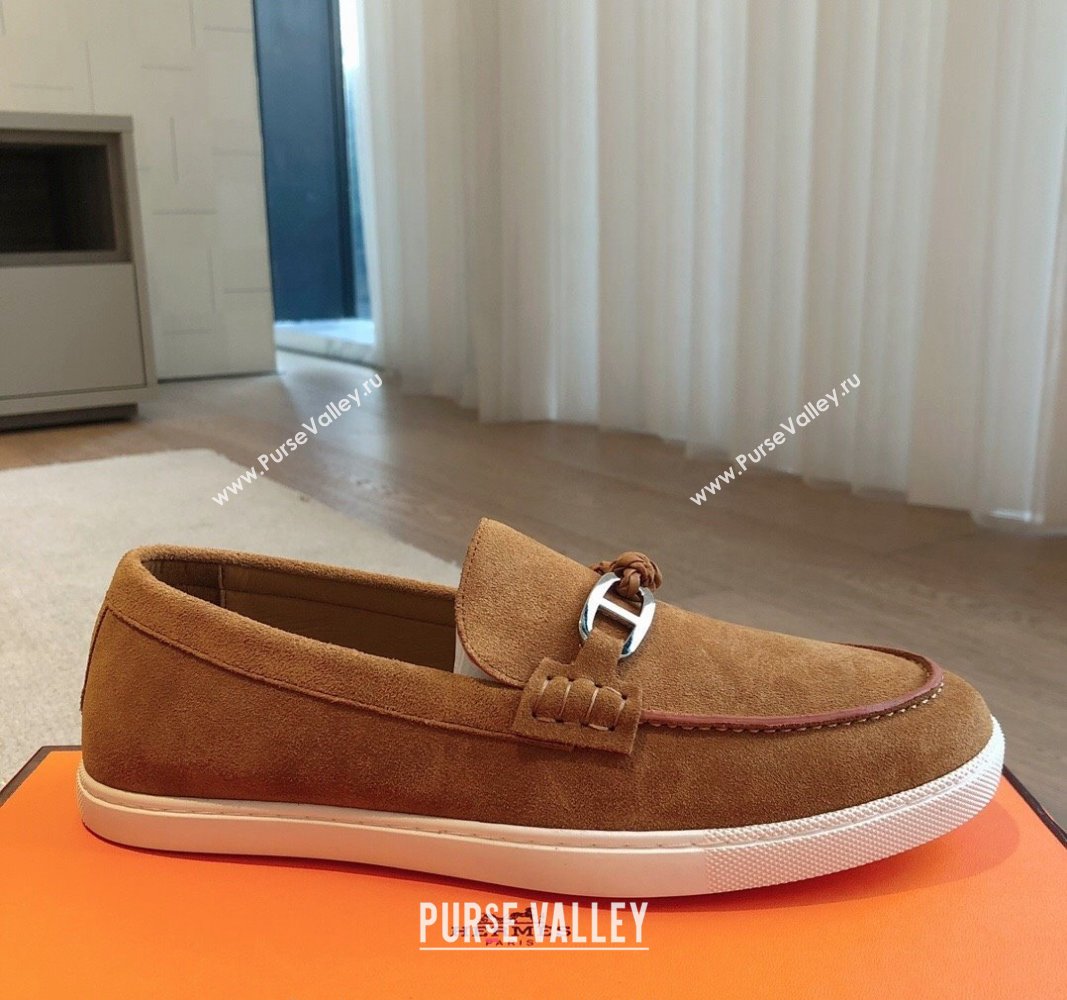 Hermes Ignacio Loafers Flat with Chaine dAncre Buckle in Suede Brown2 2024 (XC-241008061)