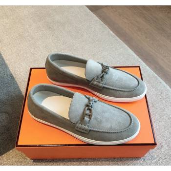 Hermes Ignacio Loafers Flat with Chaine dAncre Buckle in Suede Light Grey 2024 (XC-241008062)