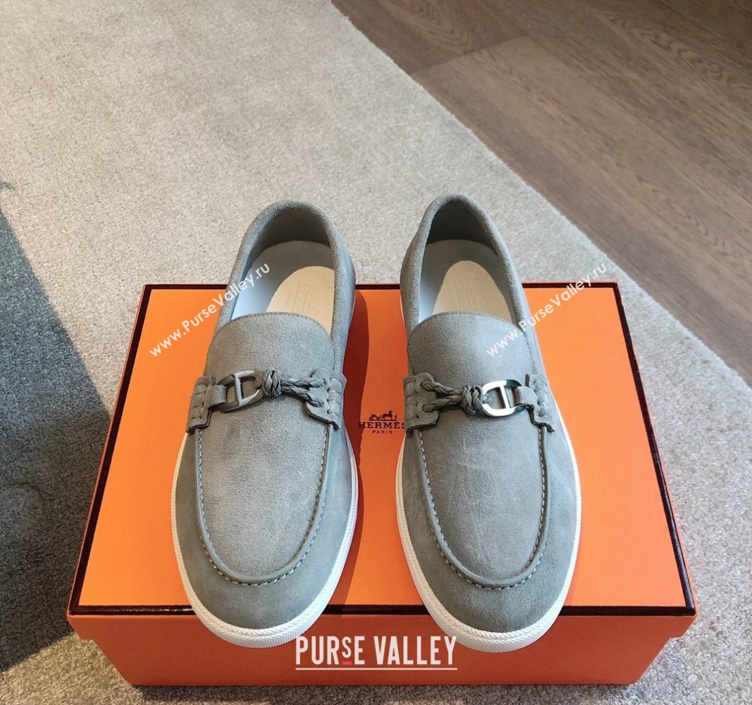 Hermes Ignacio Loafers Flat with Chaine dAncre Buckle in Suede Light Grey 2024 (XC-241008062)