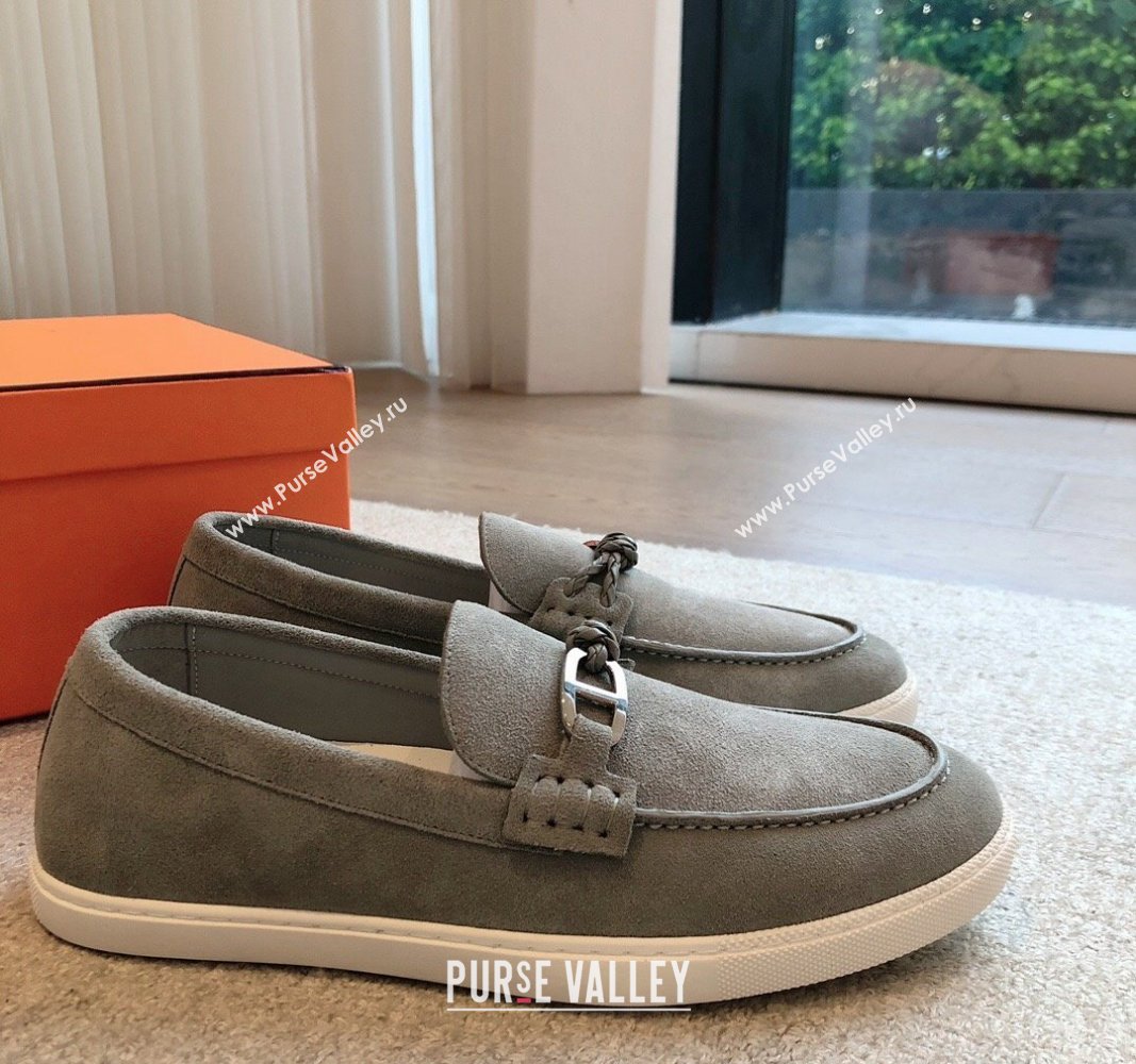 Hermes Ignacio Loafers Flat with Chaine dAncre Buckle in Suede Light Grey 2024 (XC-241008062)