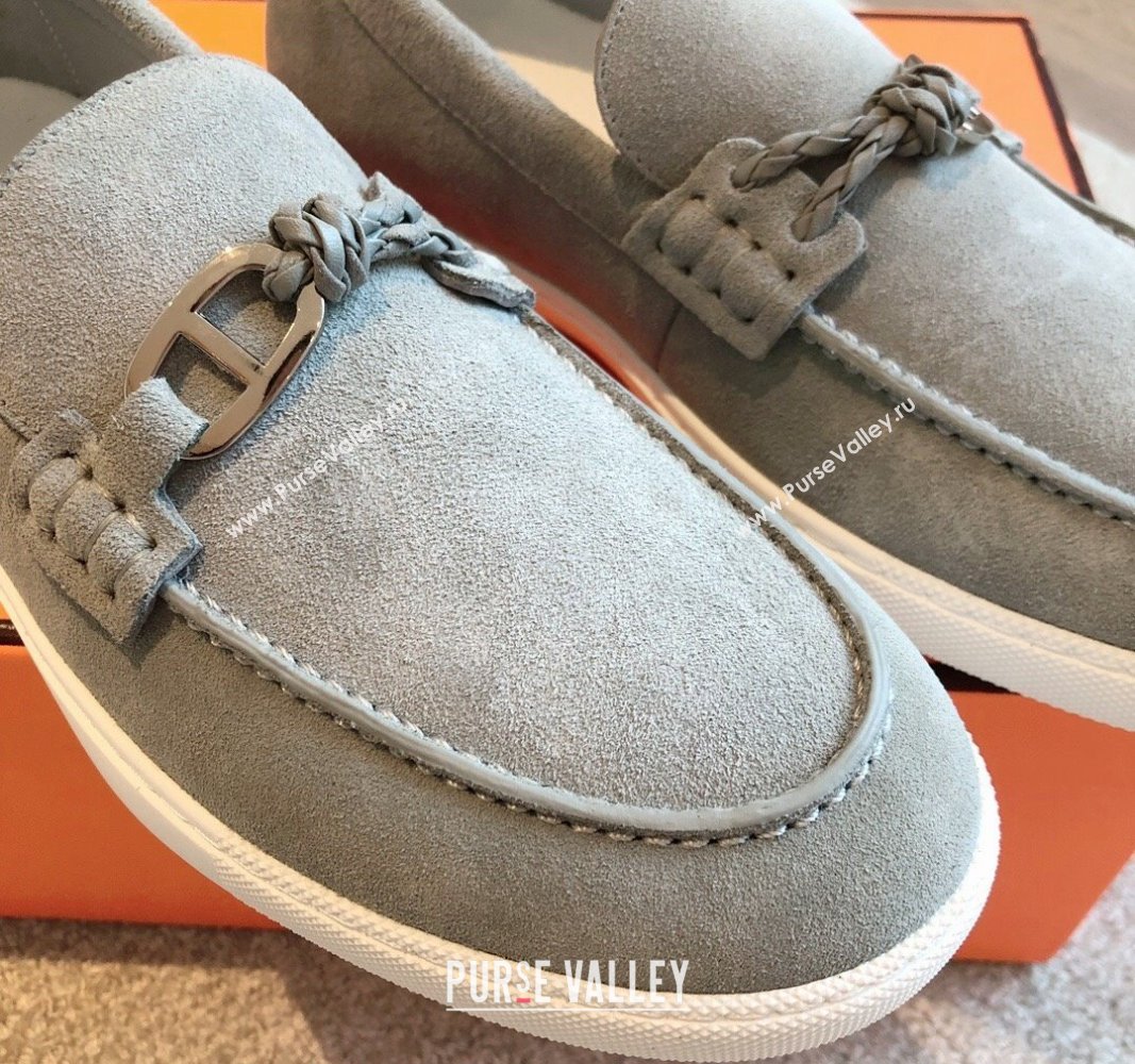 Hermes Ignacio Loafers Flat with Chaine dAncre Buckle in Suede Light Grey 2024 (XC-241008062)