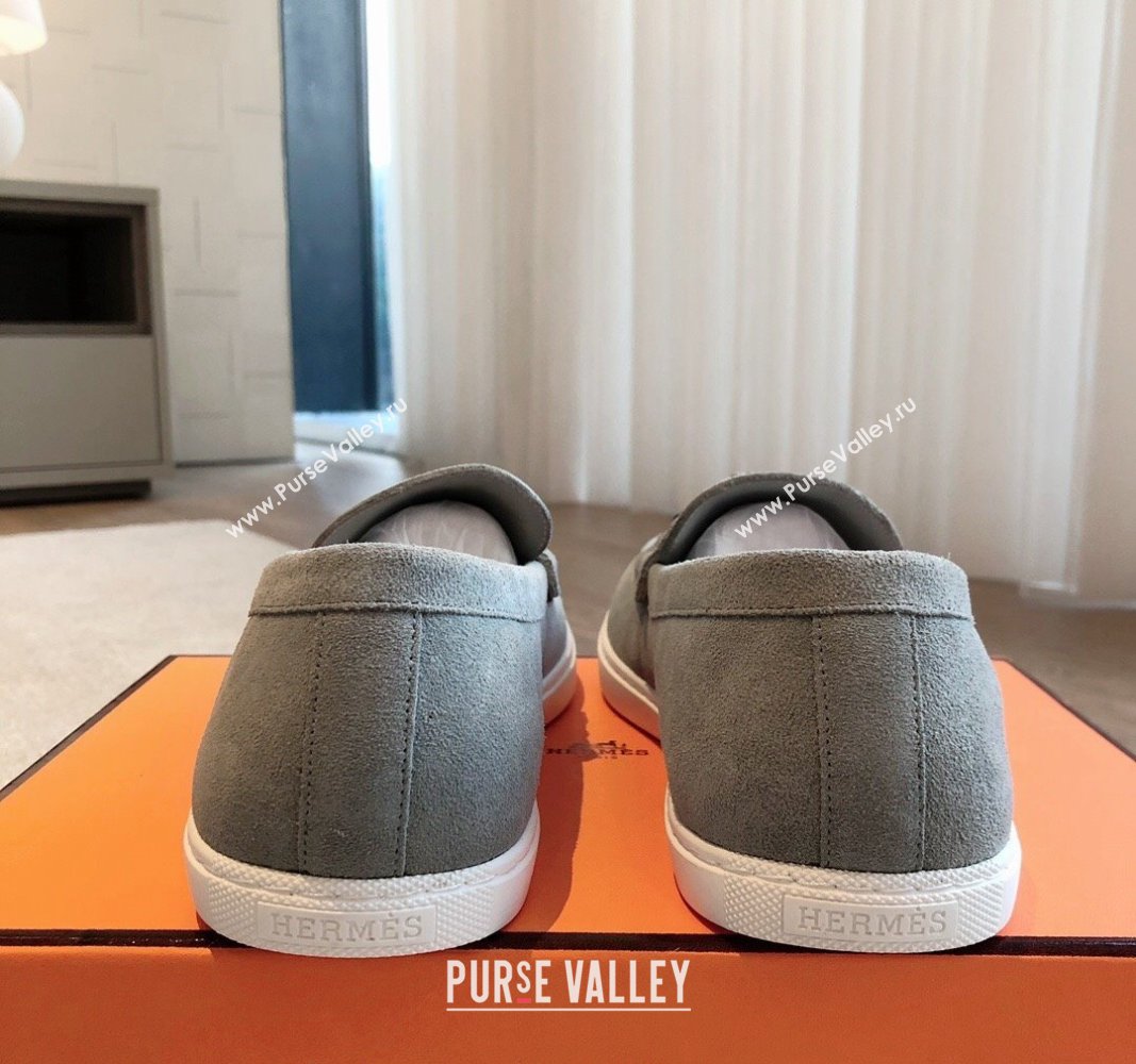 Hermes Ignacio Loafers Flat with Chaine dAncre Buckle in Suede Light Grey 2024 (XC-241008062)