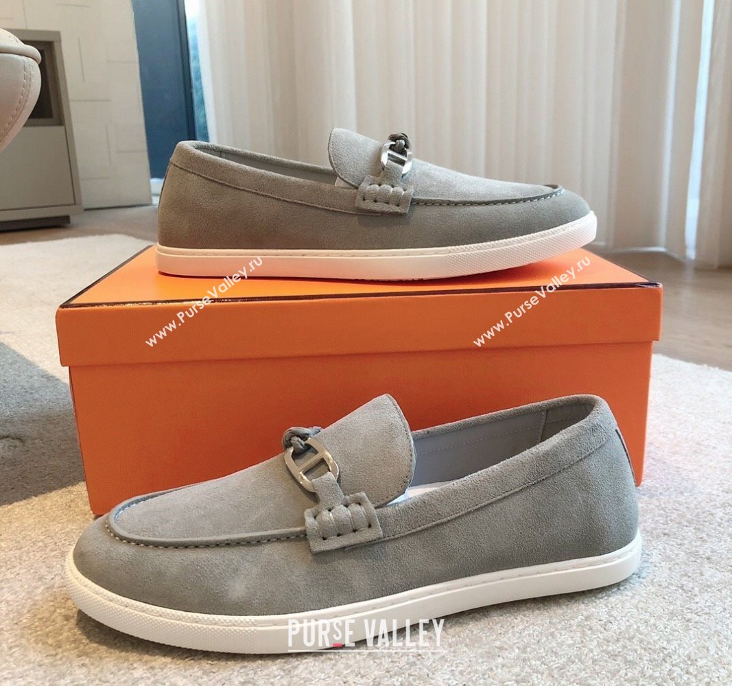 Hermes Ignacio Loafers Flat with Chaine dAncre Buckle in Suede Light Grey 2024 (XC-241008062)