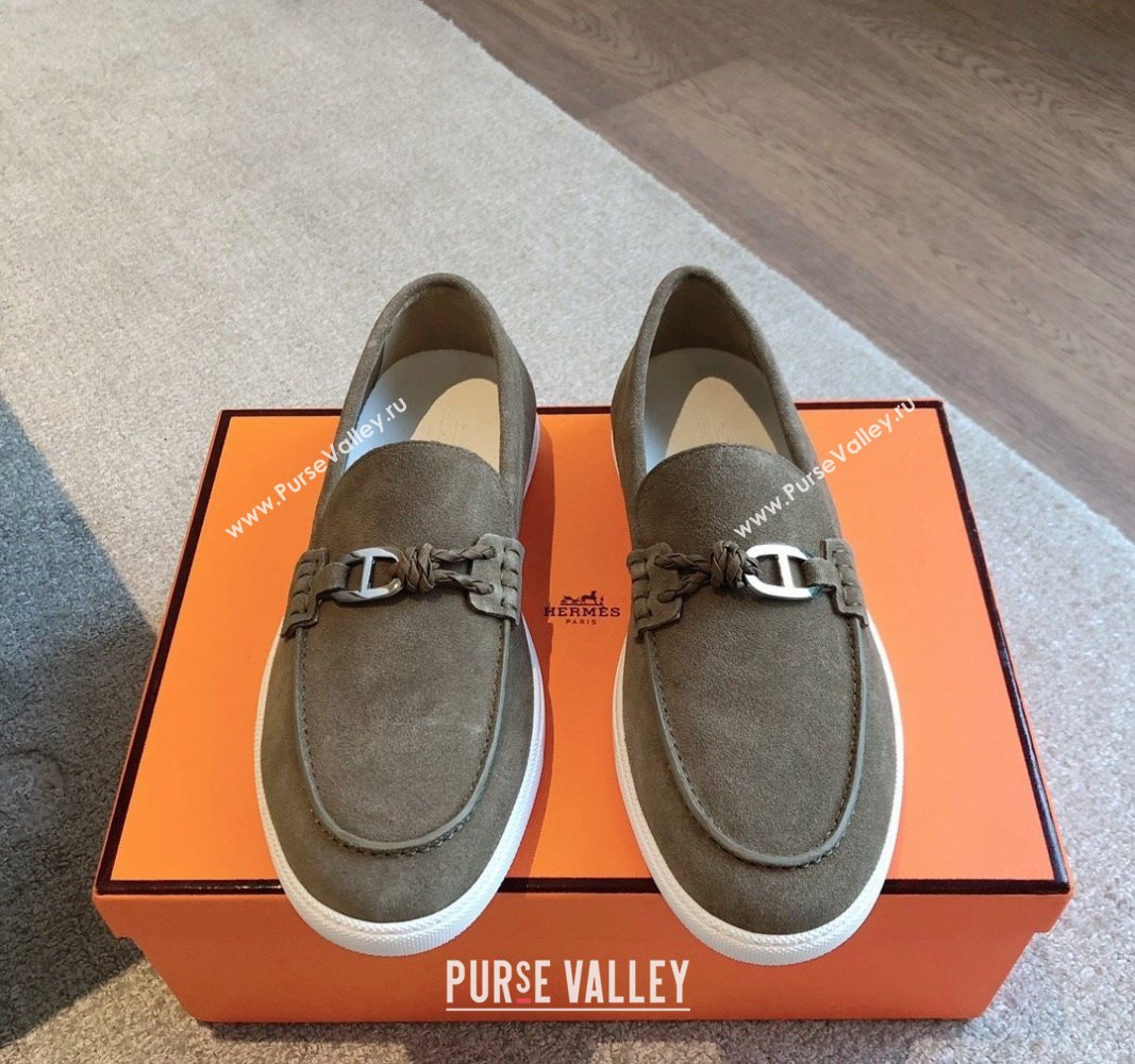 Hermes Ignacio Loafers Flat with Chaine dAncre Buckle in Suede Grey2 2024 (XC-241008063)