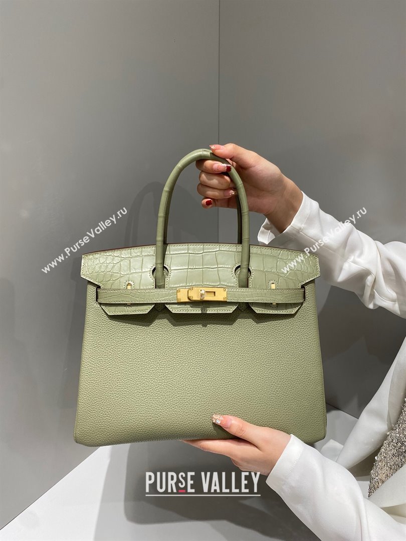 Hermes Birkin Touch Bag 30cm in Calfskin and Matte Nile Crocodile Leather Sage Green 2024 (Full Handmade) (FLB-241104064)