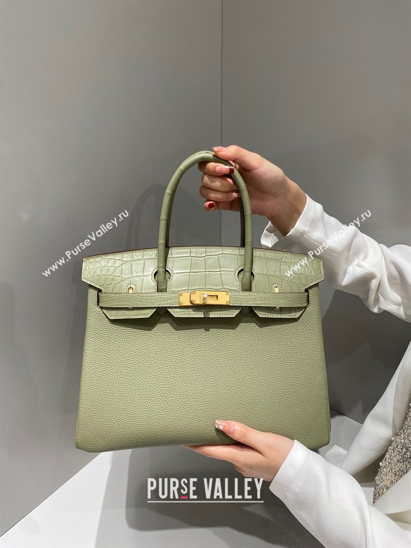 Hermes Birkin Touch Bag 30cm in Calfskin and Matte Nile Crocodile Leather Sage Green 2024 (Full Handmade) (FLB-241104064)