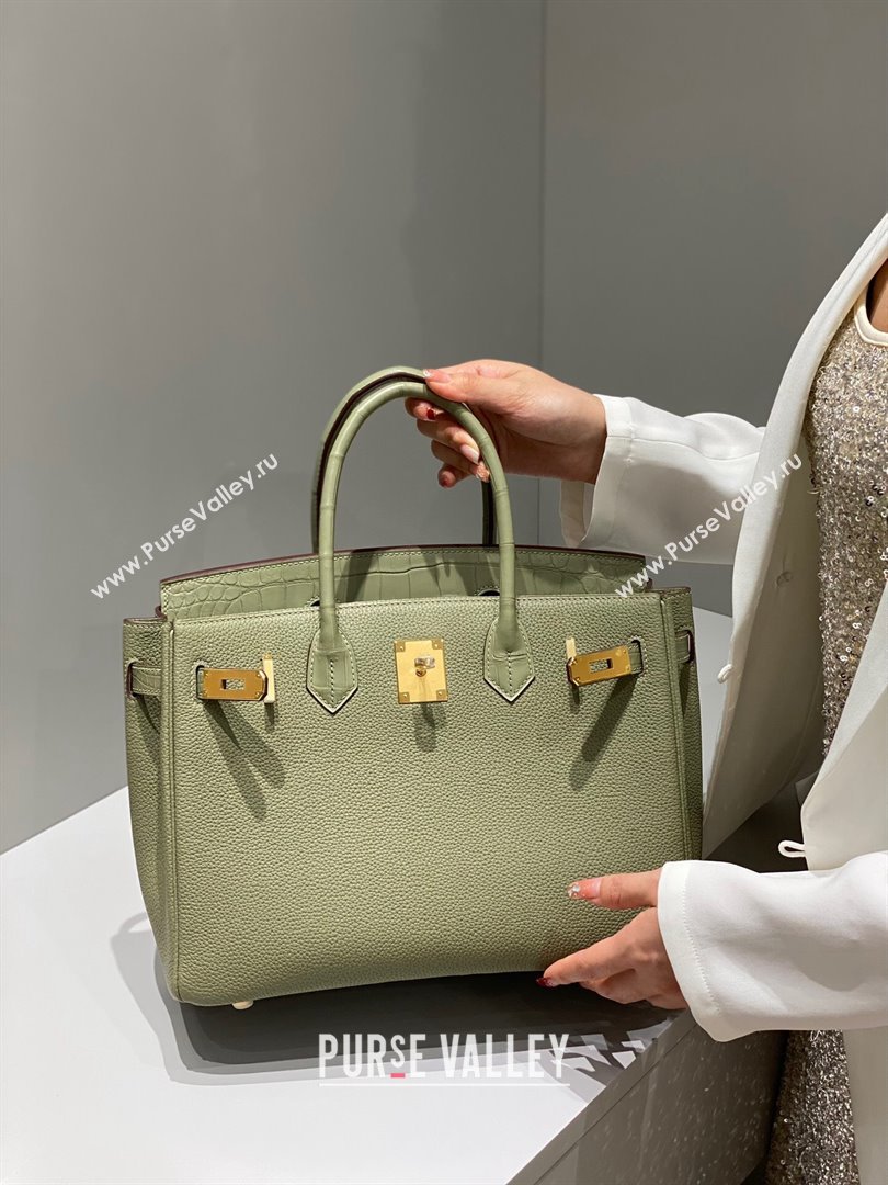 Hermes Birkin Touch Bag 30cm in Calfskin and Matte Nile Crocodile Leather Sage Green 2024 (Full Handmade) (FLB-241104064)