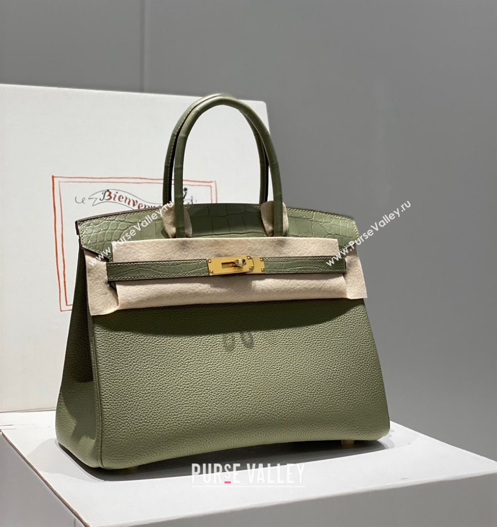 Hermes Birkin Touch Bag 30cm in Calfskin and Matte Nile Crocodile Leather Sage Green 2024 (Full Handmade) (FLB-241104064)