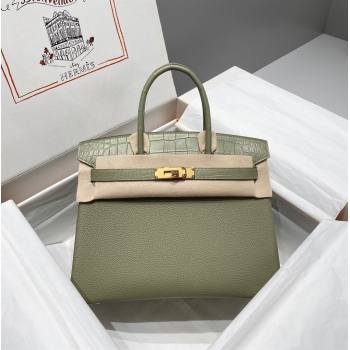 Hermes Birkin Touch Bag 30cm in Calfskin and Matte Nile Crocodile Leather Sage Green 2024 (Full Handmade) (FLB-241104064)