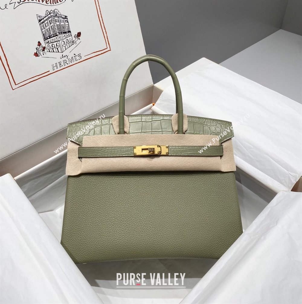 Hermes Birkin Touch Bag 30cm in Calfskin and Matte Nile Crocodile Leather Sage Green 2024 (Full Handmade) (FLB-241104064)