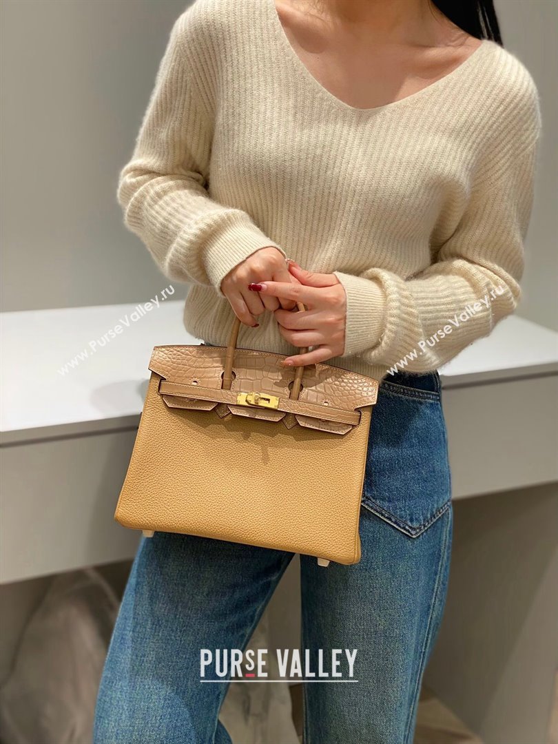 Hermes Birkin Touch Bag 25cm in Calfskin and Matte Nile Crocodile Leather Milky Tea Beige 2024 (Full Handmade) (FLB-241104065)