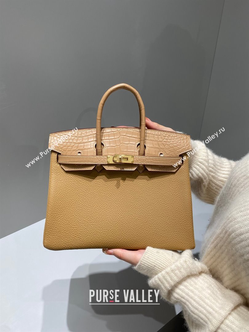 Hermes Birkin Touch Bag 25cm in Calfskin and Matte Nile Crocodile Leather Milky Tea Beige 2024 (Full Handmade) (FLB-241104065)