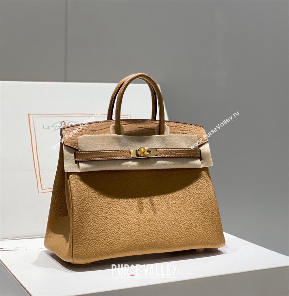 Hermes Birkin Touch Bag 25cm in Calfskin and Matte Nile Crocodile Leather Milky Tea Beige 2024 (Full Handmade) (FLB-241104065)