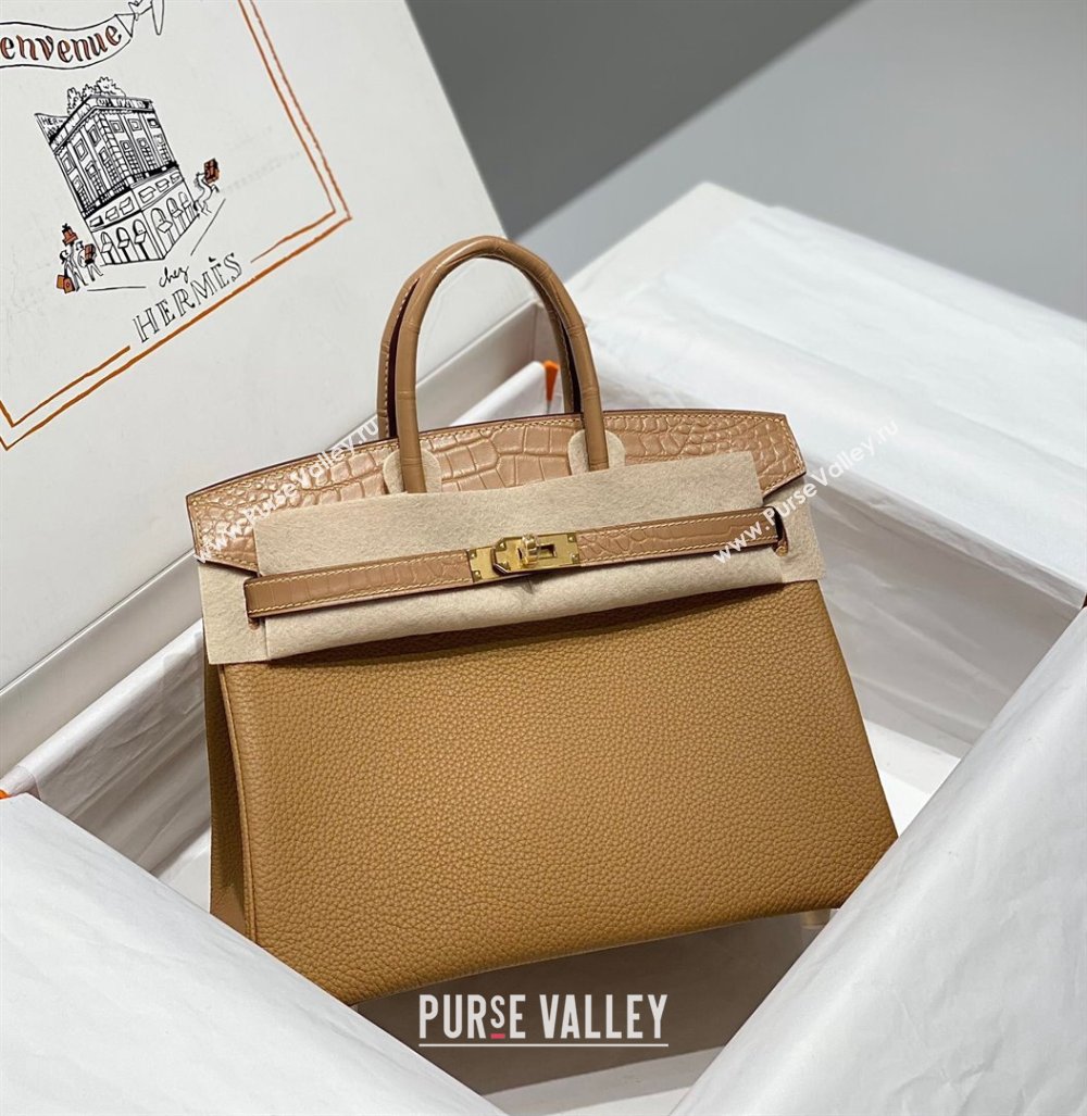 Hermes Birkin Touch Bag 25cm in Calfskin and Matte Nile Crocodile Leather Milky Tea Beige 2024 (Full Handmade) (FLB-241104065)