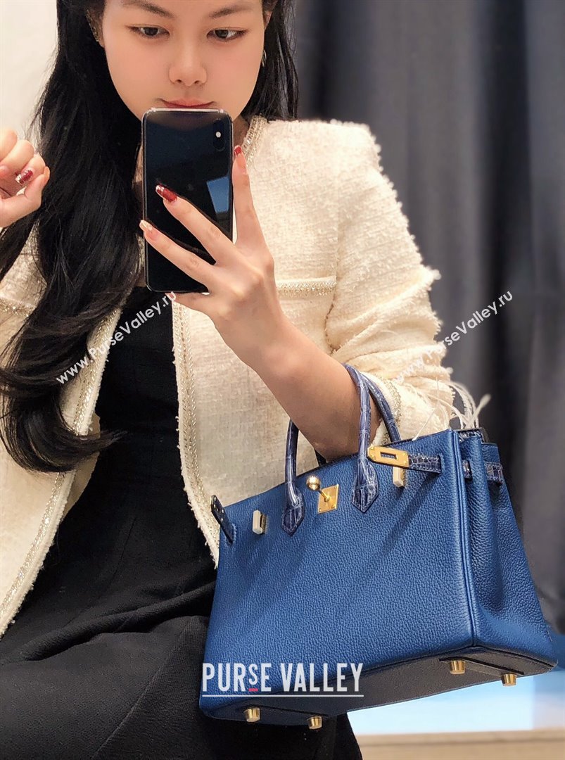 Hermes Birkin Touch Bag 25cm in Calfskin and Shiny Nile Crocodile Leather Stone Blue 2024 (Full Handmade) (FLB-241104068)