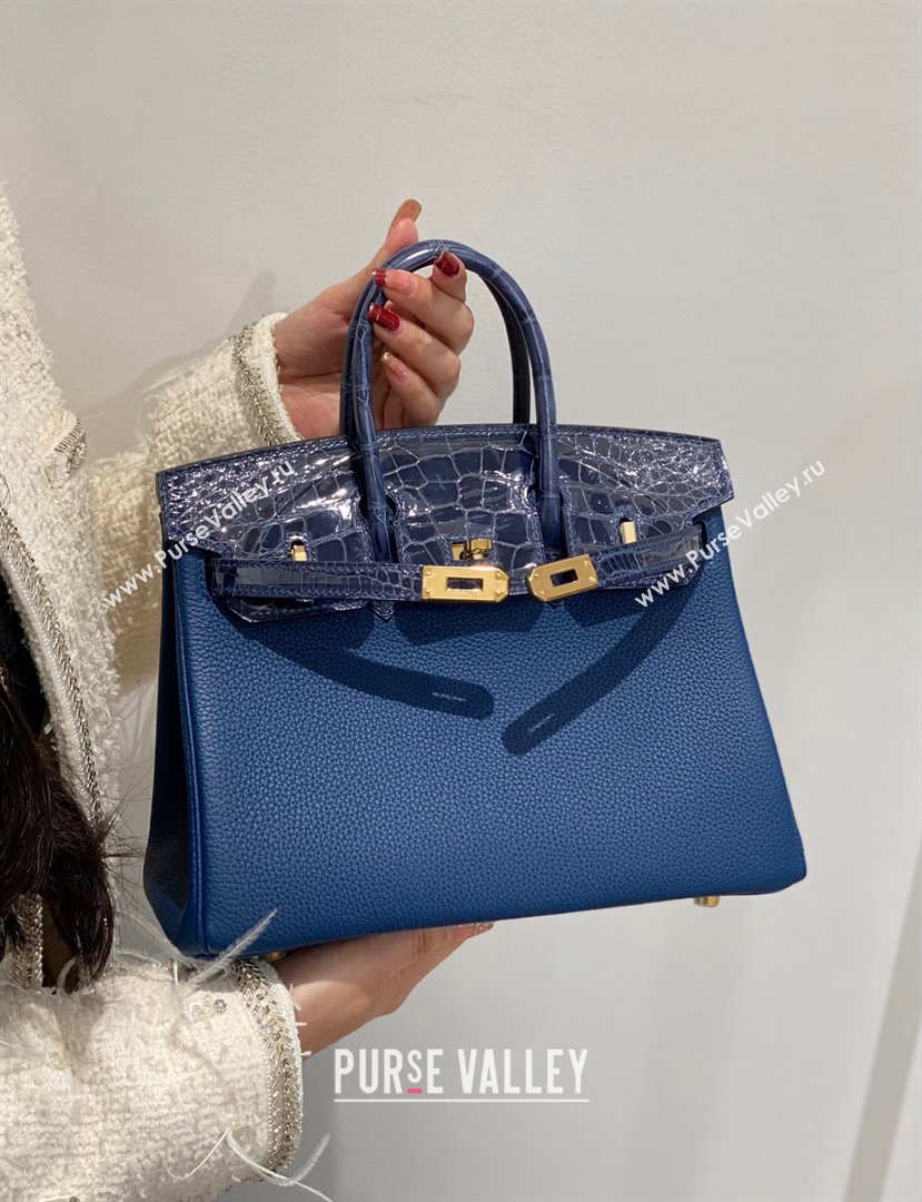 Hermes Birkin Touch Bag 25cm in Calfskin and Shiny Nile Crocodile Leather Stone Blue 2024 (Full Handmade) (FLB-241104068)