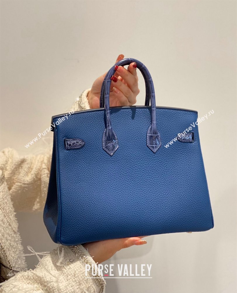 Hermes Birkin Touch Bag 25cm in Calfskin and Shiny Nile Crocodile Leather Stone Blue 2024 (Full Handmade) (FLB-241104068)