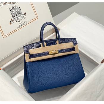 Hermes Birkin Touch Bag 25cm in Calfskin and Shiny Nile Crocodile Leather Stone Blue 2024 (Full Handmade) (FLB-241104068)