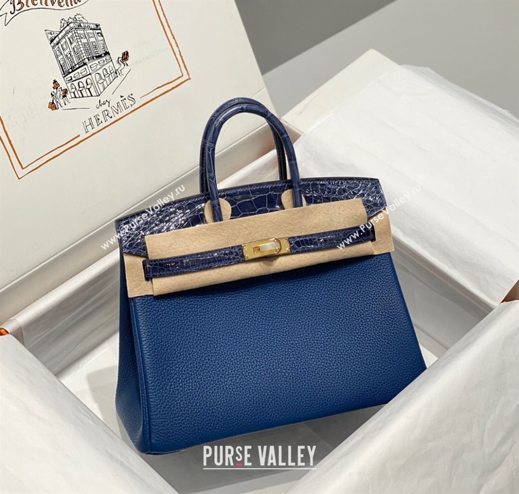 Hermes Birkin Touch Bag 25cm in Calfskin and Shiny Nile Crocodile Leather Stone Blue 2024 (Full Handmade) (FLB-241104068)