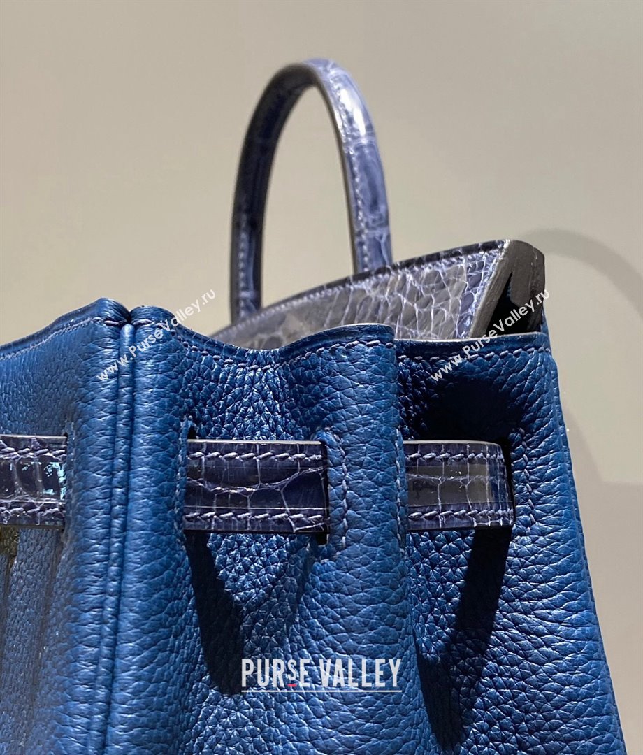 Hermes Birkin Touch Bag 25cm in Calfskin and Shiny Nile Crocodile Leather Stone Blue 2024 (Full Handmade) (FLB-241104068)