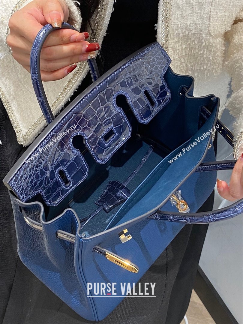 Hermes Birkin Touch Bag 25cm in Calfskin and Shiny Nile Crocodile Leather Stone Blue 2024 (Full Handmade) (FLB-241104068)