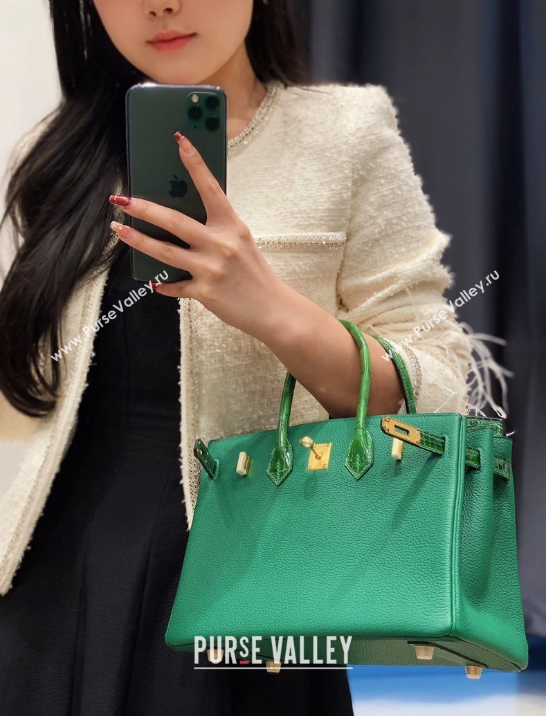 Hermes Birkin Touch Bag 25cm in Calfskin and Shiny Nile Crocodile Leather Emerald Green 2024 (Full Handmade) (FLB-241104069)