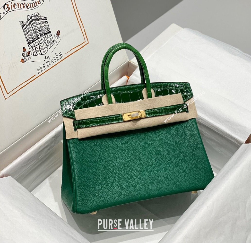 Hermes Birkin Touch Bag 25cm in Calfskin and Shiny Nile Crocodile Leather Emerald Green 2024 (Full Handmade) (FLB-241104069)