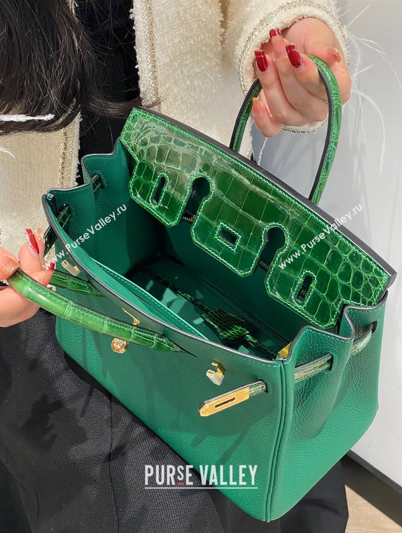 Hermes Birkin Touch Bag 25cm in Calfskin and Shiny Nile Crocodile Leather Emerald Green 2024 (Full Handmade) (FLB-241104069)