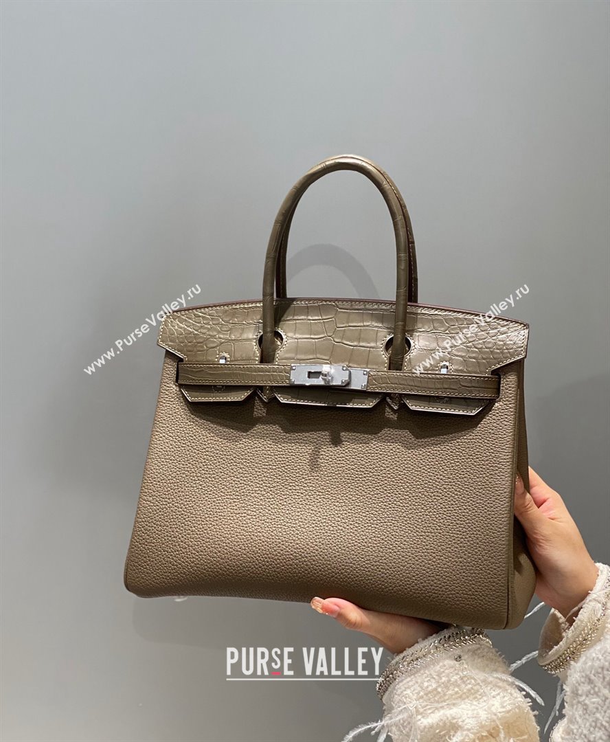 Hermes Birkin Touch Bag 30cm in Calfskin and Matte Nile Crocodile Leather Elephant Grey 2024 (Full Handmade) (FLB-241104070)