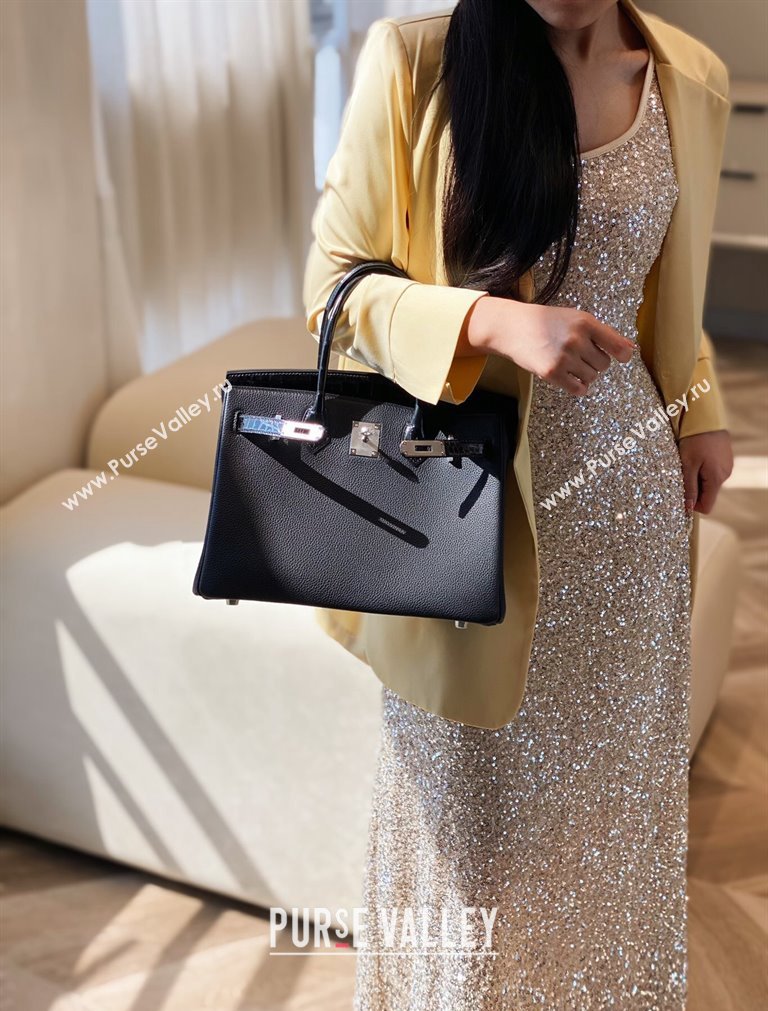 Hermes Birkin Touch Bag 30cm in Calfskin and Shiny Nile Crocodile Leather Black/Silver 2024 (Full Handmade) (FLB-241104071)