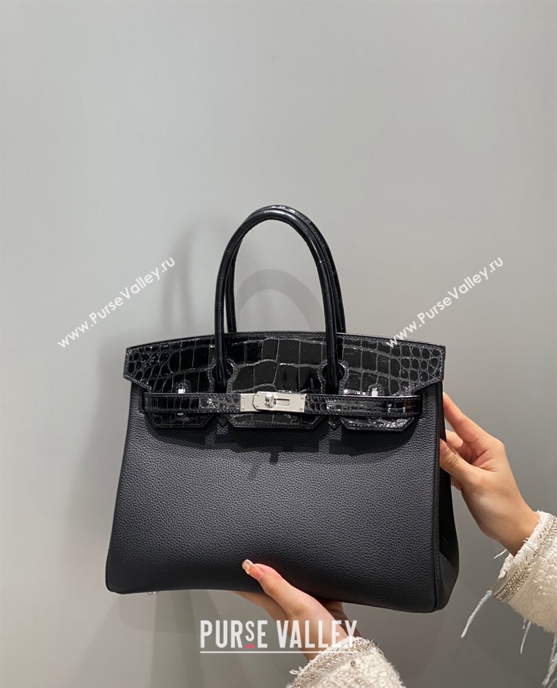 Hermes Birkin Touch Bag 30cm in Calfskin and Shiny Nile Crocodile Leather Black/Silver 2024 (Full Handmade) (FLB-241104071)