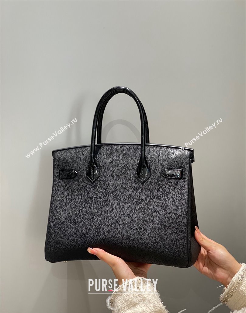 Hermes Birkin Touch Bag 30cm in Calfskin and Shiny Nile Crocodile Leather Black/Silver 2024 (Full Handmade) (FLB-241104071)