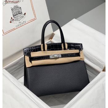 Hermes Birkin Touch Bag 30cm in Calfskin and Shiny Nile Crocodile Leather Black/Silver 2024 (Full Handmade) (FLB-241104071)