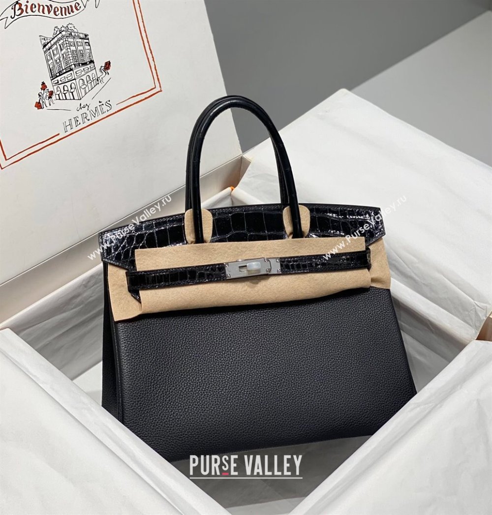 Hermes Birkin Touch Bag 30cm in Calfskin and Shiny Nile Crocodile Leather Black/Silver 2024 (Full Handmade) (FLB-241104071)